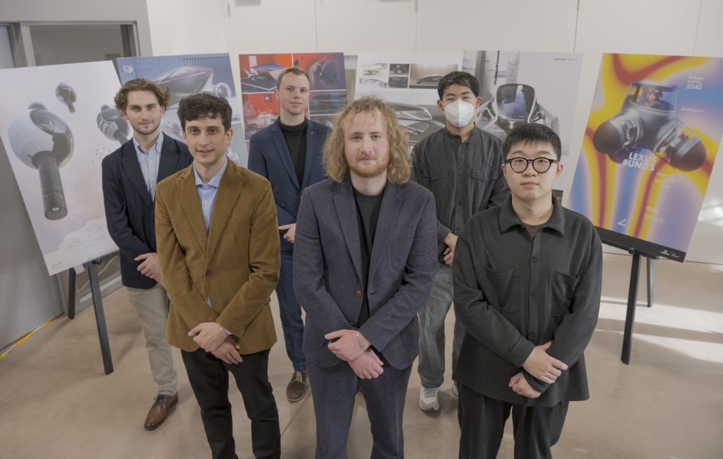The six finalists in the Lexus 2040: the Soul of Future Premium design programme: (back row) from left to right: Maxime Gauthier, Jan Niehues, Bangning An. (Front row) from left to right: runner-up Ben Miller, winner Richard Newman and runner-up Zhenyu Kong
