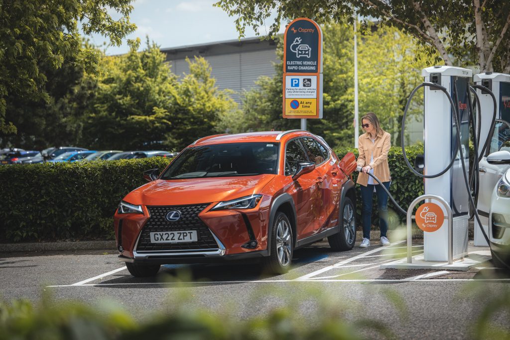 Lexus UX 300e being re-charged at The Wharf pub