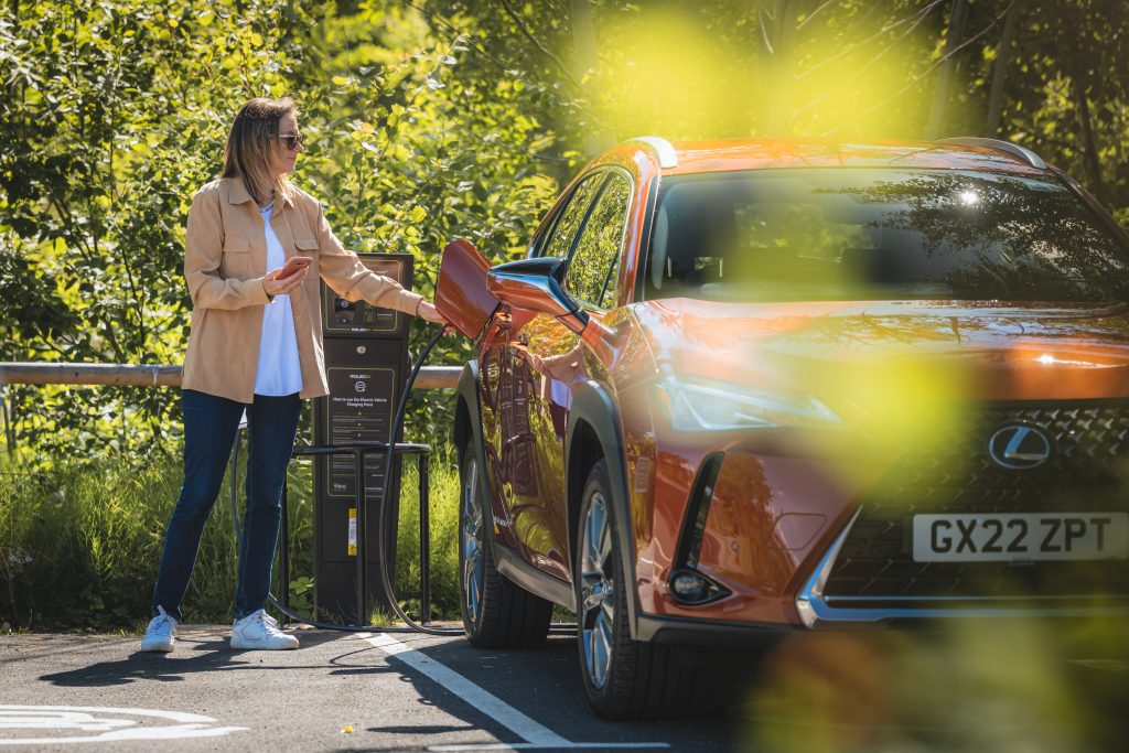 Lexus UX300e being re-charged at RHS Wisley