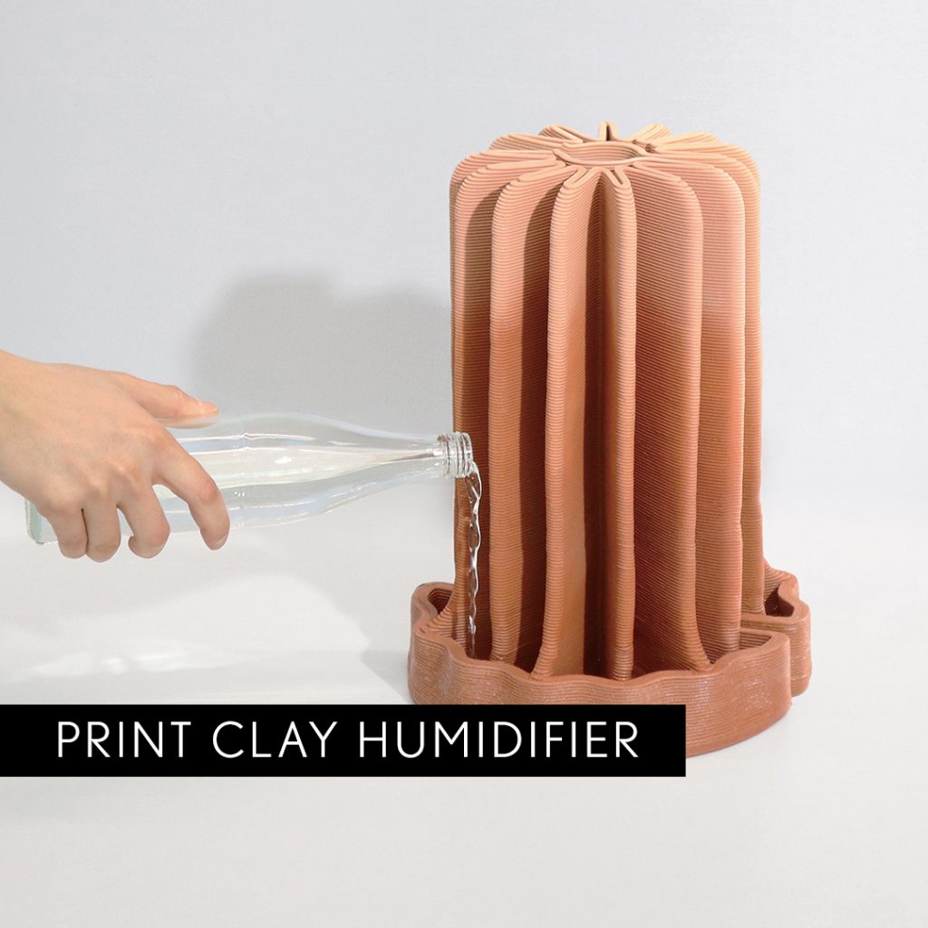Print Clay Humidifier by Jiaming Liu: a sustainable, 3D-printed clay humidifier made from recycled ceramic waste.