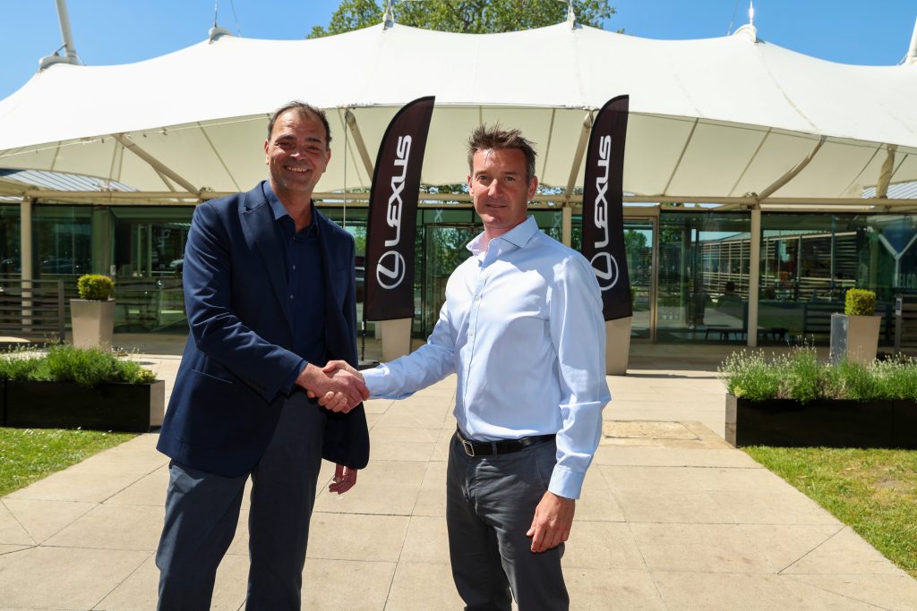 LONDON, ENGLAND - MAY 26: (L-R) Chris Hayes, Director of Lexus in the UK, and Scott Lloyd, CEO of The Lawn Tennis Association pose for a photo at The National Tennis Centre on May 26, 2023 in London, England. (Photo by Luke Walker/Getty Images for LTA)