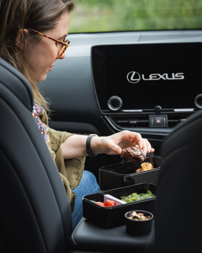 Emily Roux eats her packed lunch in the Lexus NX 450h+ plug in hybrid