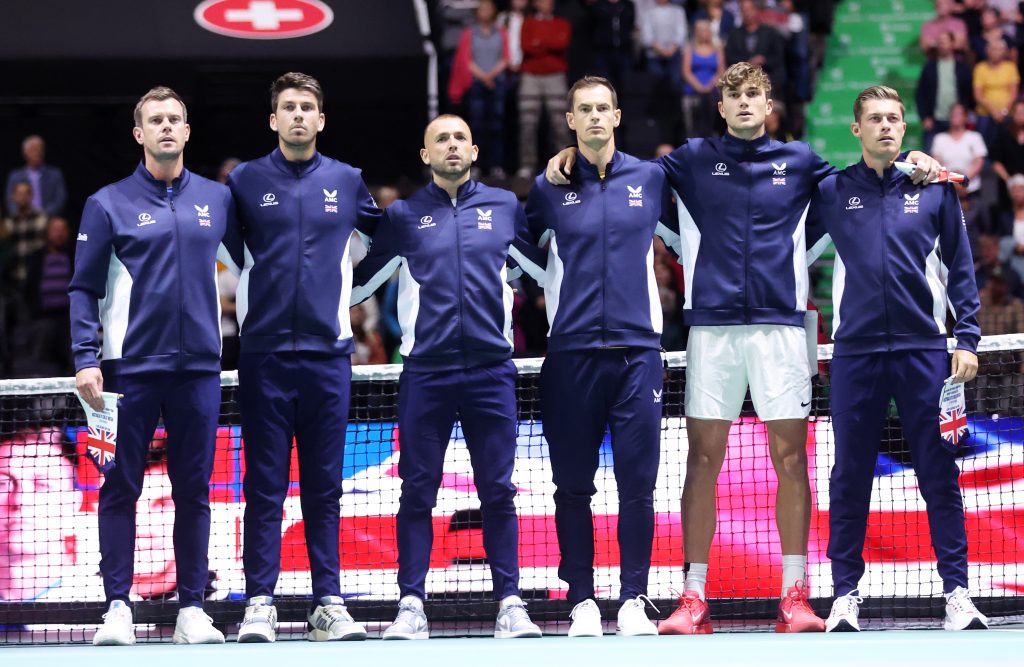 (L-R) Leon Smith, Cameron Norrie, Daniel Evans, Andy Murray, Jack Draper and Neal Skupski of Great Britain look on in the national anthems prior to day two of the Davis Cup Finals Group Stage Manchester at AO Arena on September 13, 2023. (Photo by Nathan Stirk/Getty Images for LTA)