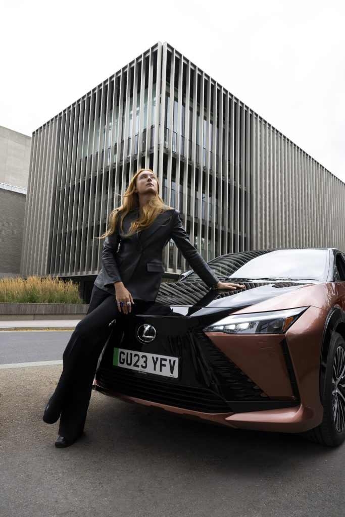 Harris Reed with the all-new Lexus RZ battery electric SUV on the way to his London Fashion show. Credits: Jason Lloyd - Evans.