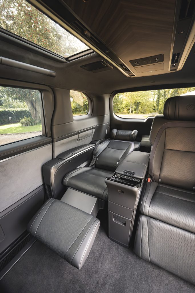 Interior of the Lexus LM showing fully reclining seat